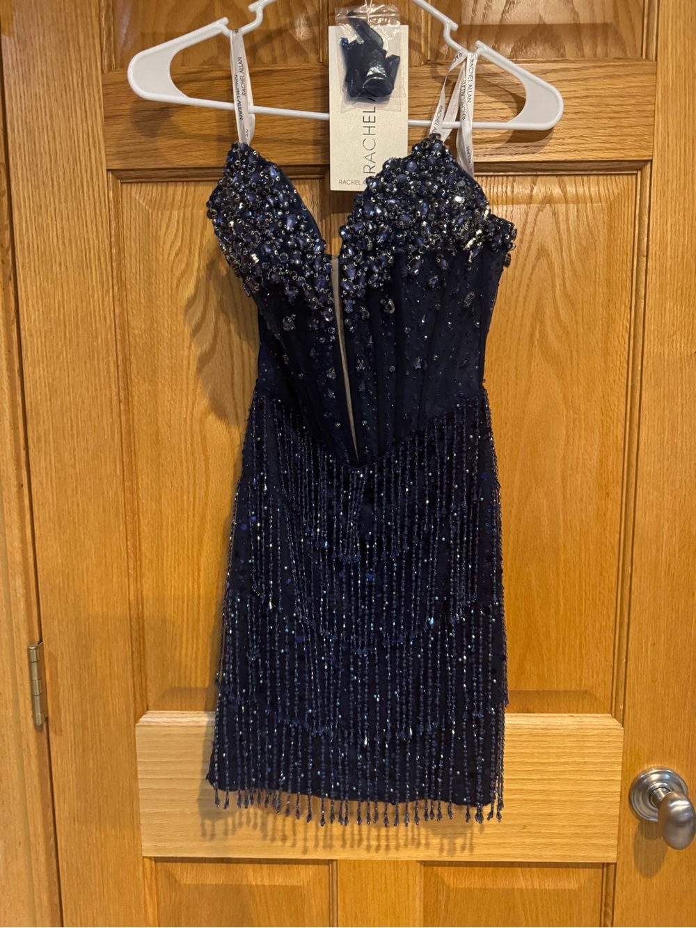 Rachel Allan Navy Beaded Fringe Cocktail Dress